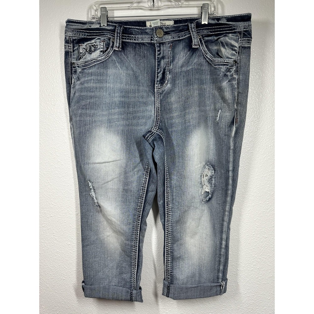 Hydraulic Bailey Jeans Womens 22 Blue Distressed Embroidered Capri Cropped Denim